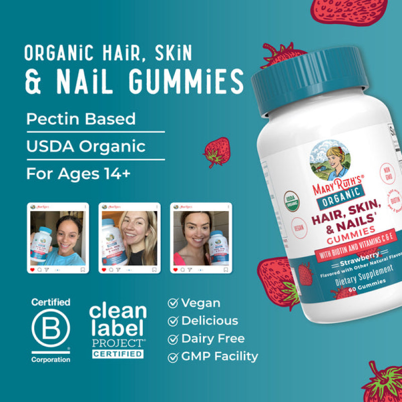 Mary Ruth's Bio Hair, Skin, & Nail Gummies jahodové 60 ks