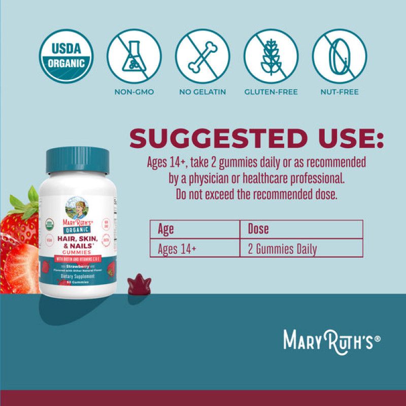 Mary Ruth's Bio Hair, Skin, & Nail Gummies jahodové 60 ks